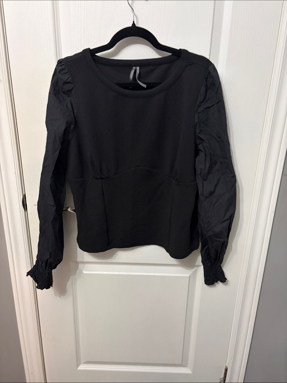 Anthropologie Black Puff-Sleeve Crewneck Long Sleeve Top
